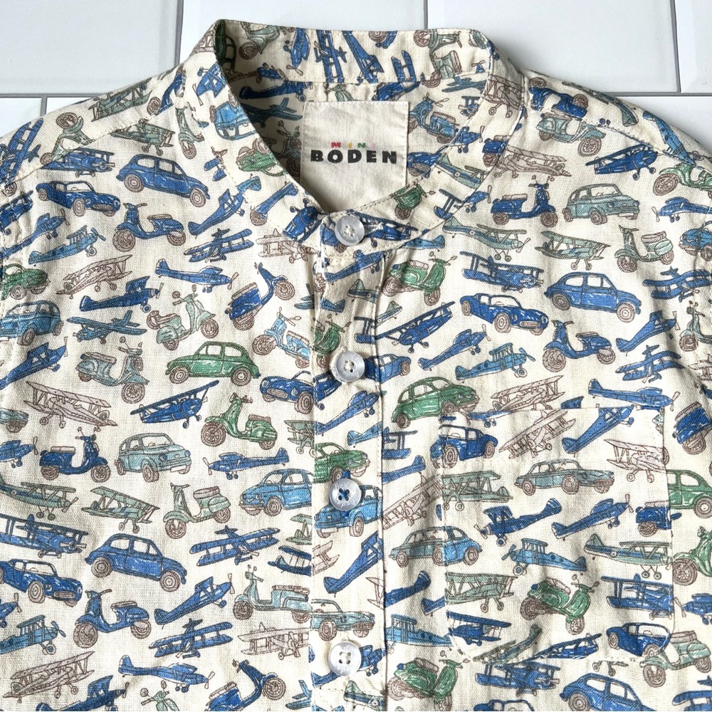 4-5y 🚙 Mini Boden Linen Vehicles Patterned Grandad Shirt Tan Cotton Shirt Planes